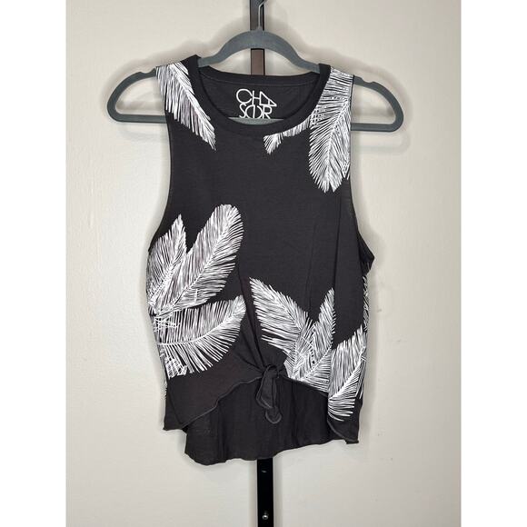 Chaser Palm Leave Jersey Tie Front Muscle Tank Top Black/White Women's M NWOT - Picture 3 of 5